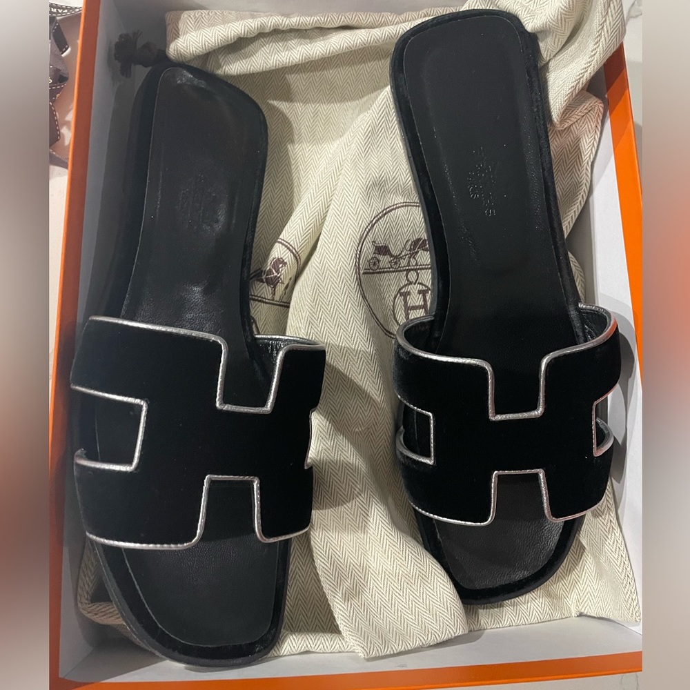 Hermes Black Velvet with Silver trim Oran sandals